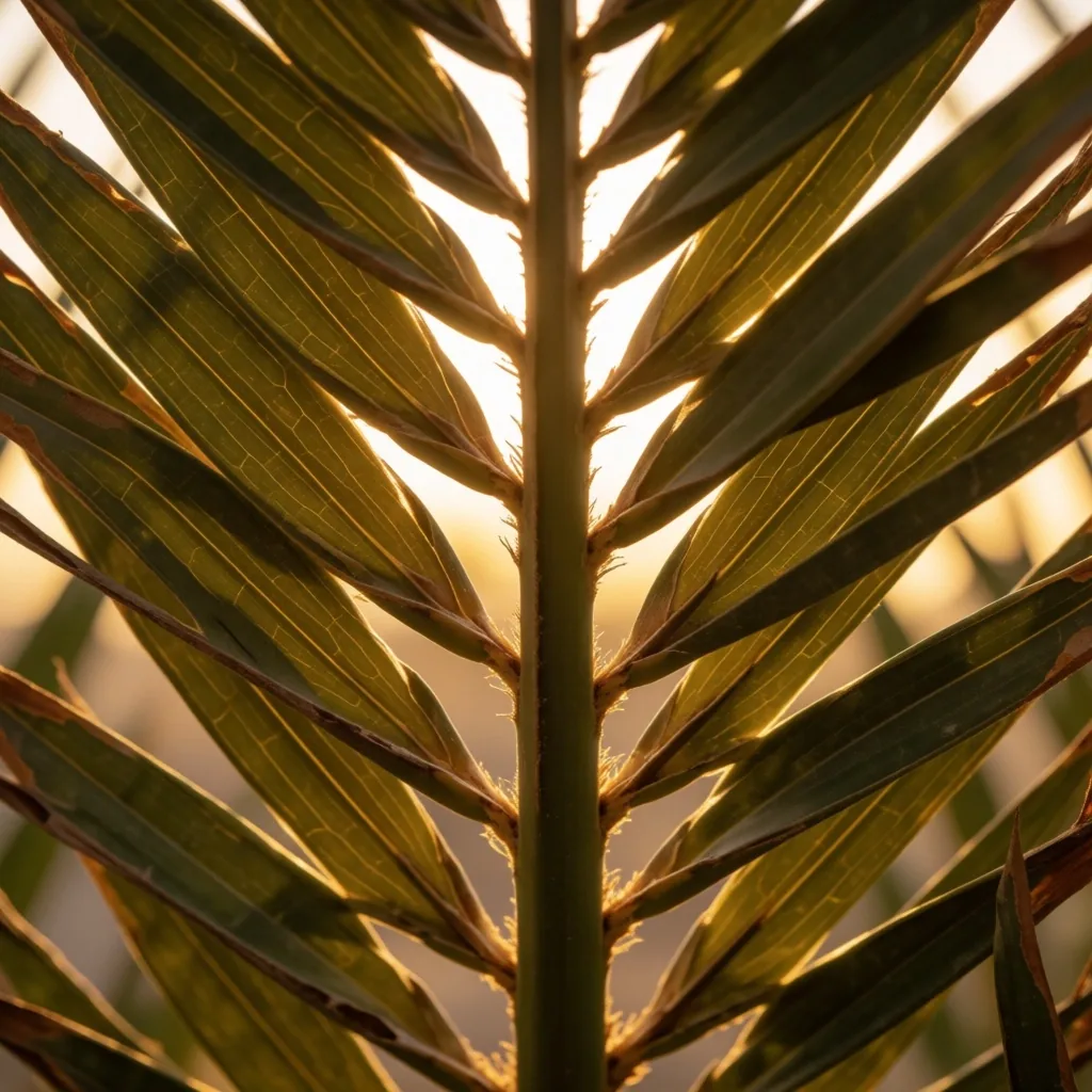 Close-up of a date palm frond in warm afternoon light