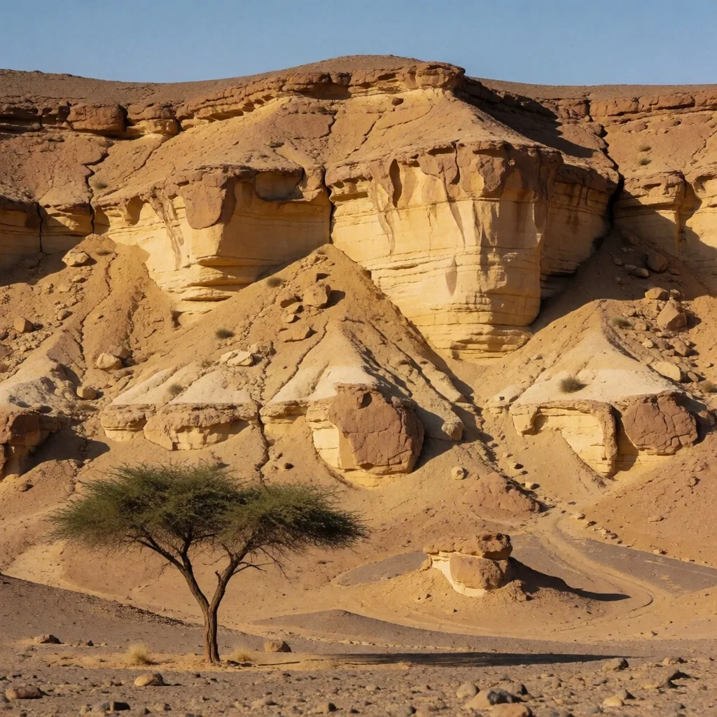 Desert ridge with layered rock and an acacia tree