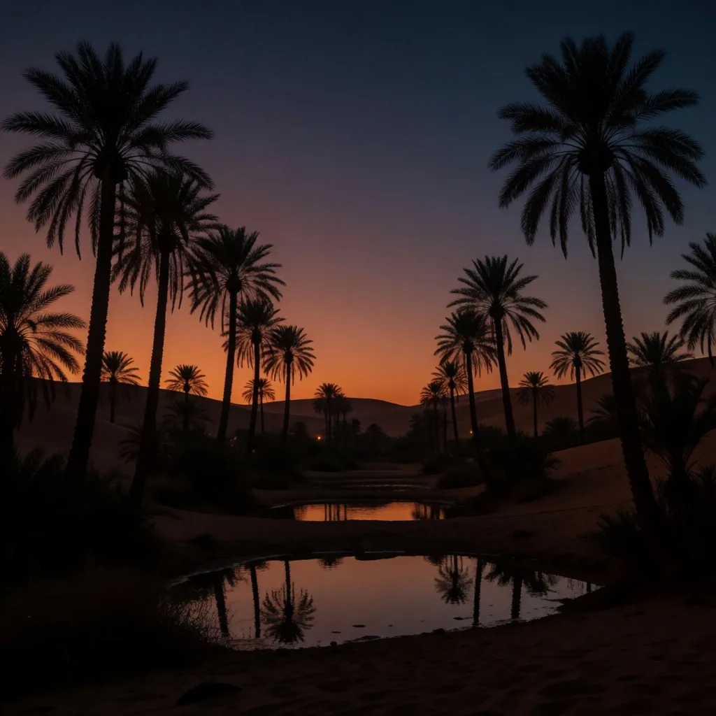 Palm silhouettes at sunset in a desert oasis