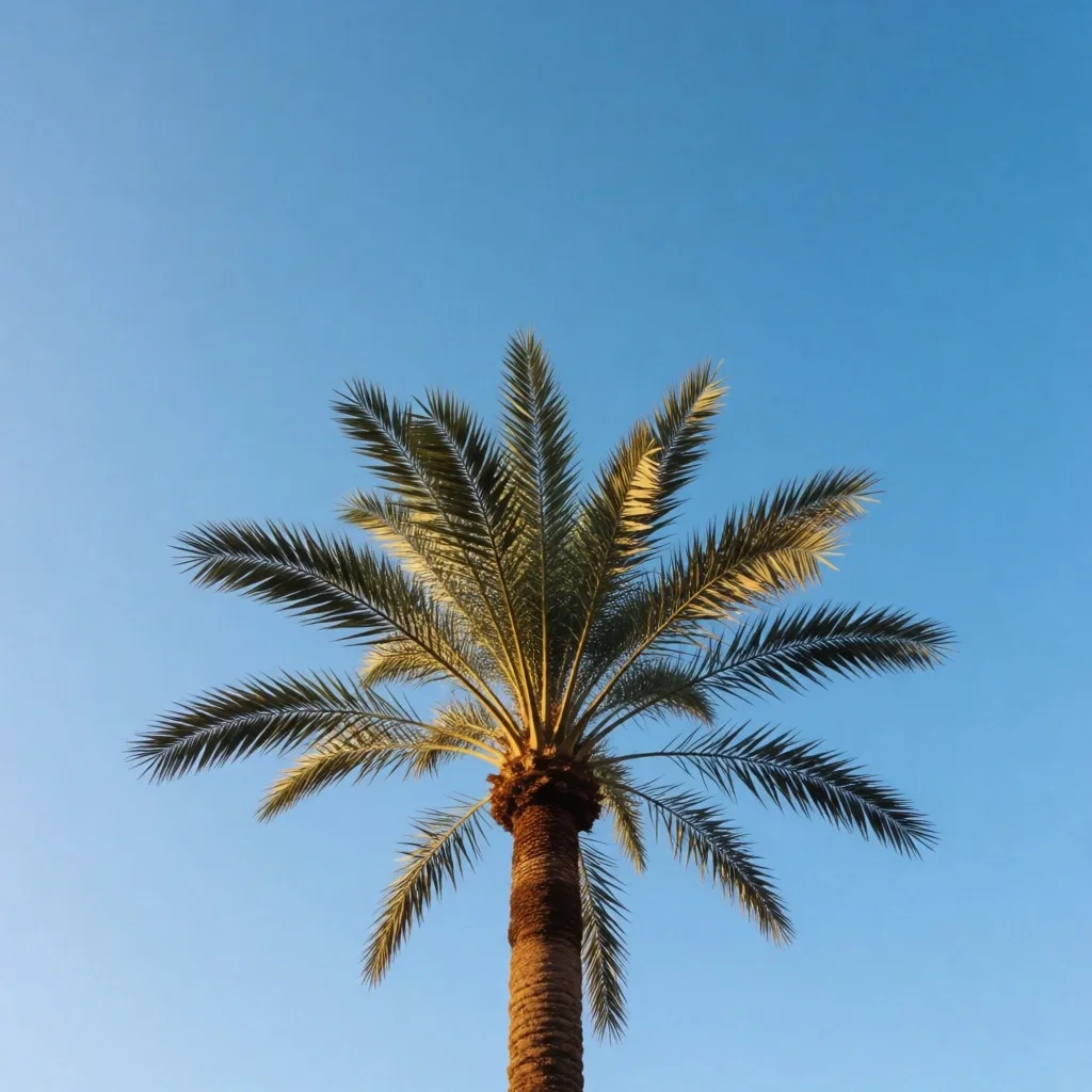 Palm tree reaching toward a bright sky