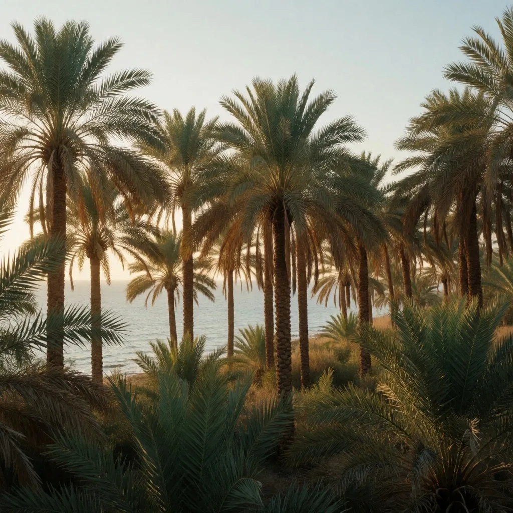 Cluster of palm trees along a coastline