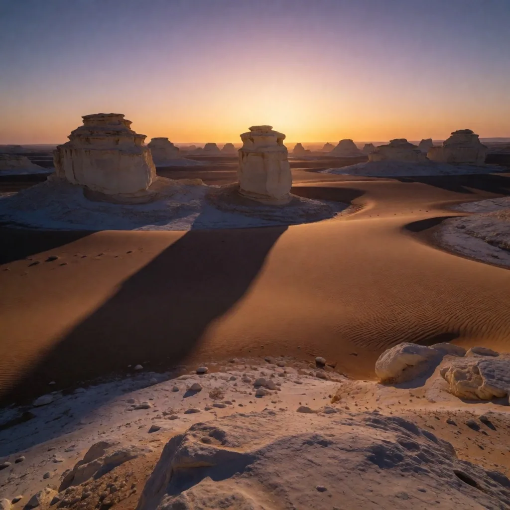 Desert landscape at sunset with long shadows