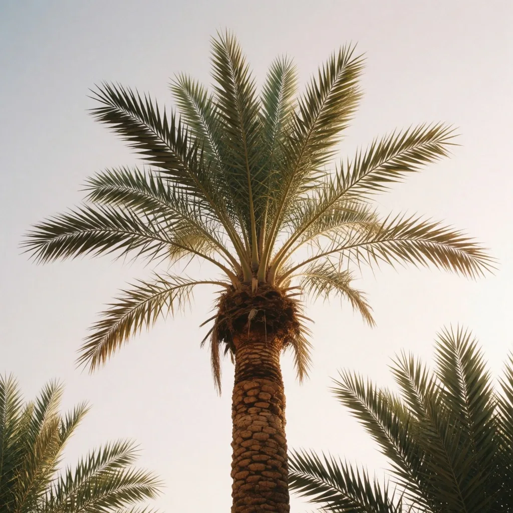 Palm tree fronds against a pale sky