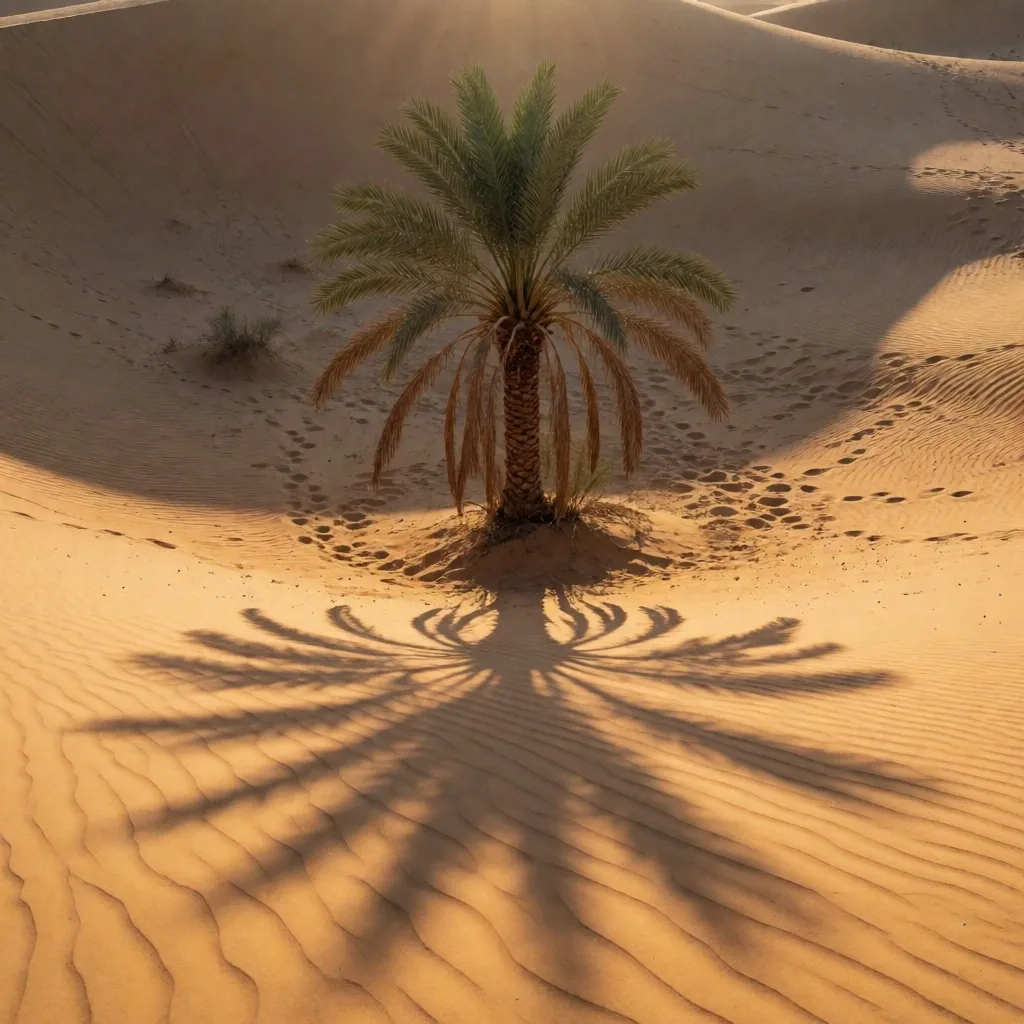 A lone palm tree casting a long shadow across wind-rippled desert sand in late afternoon light