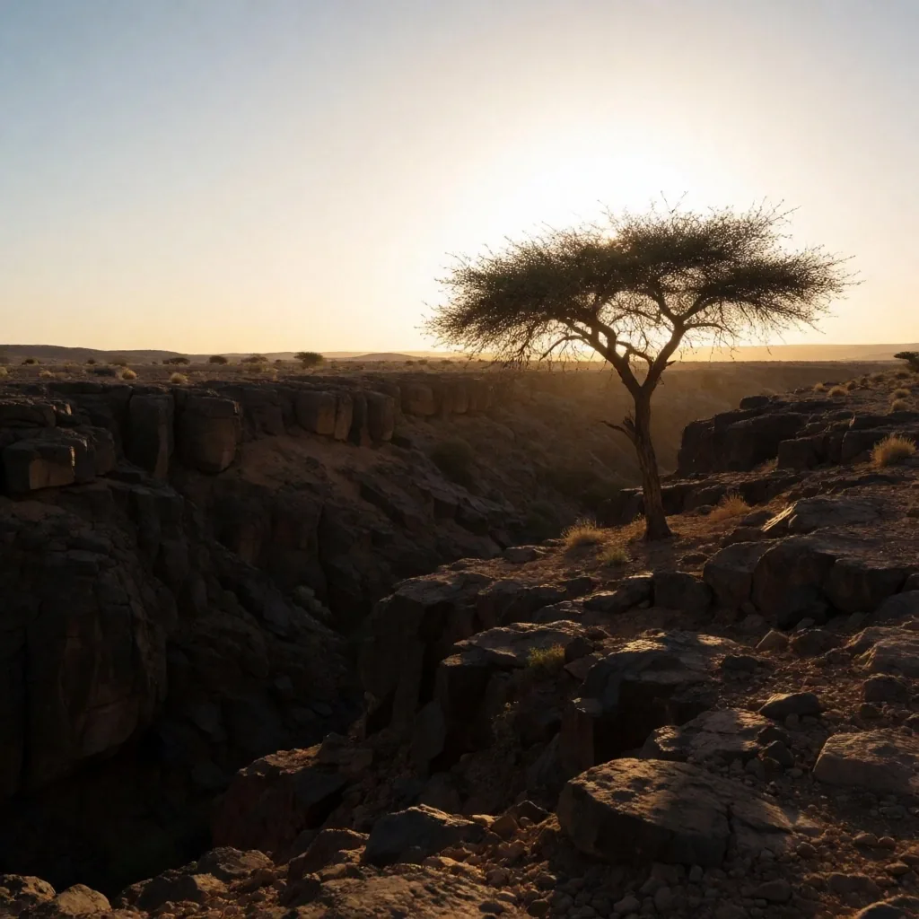 Dark acacia tree silhouette standing against a bright sky above a rocky ravine