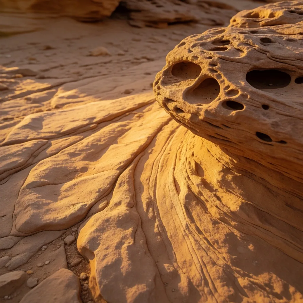 Macro detail of wind-carved desert rock with fine sand collecting in its grooves