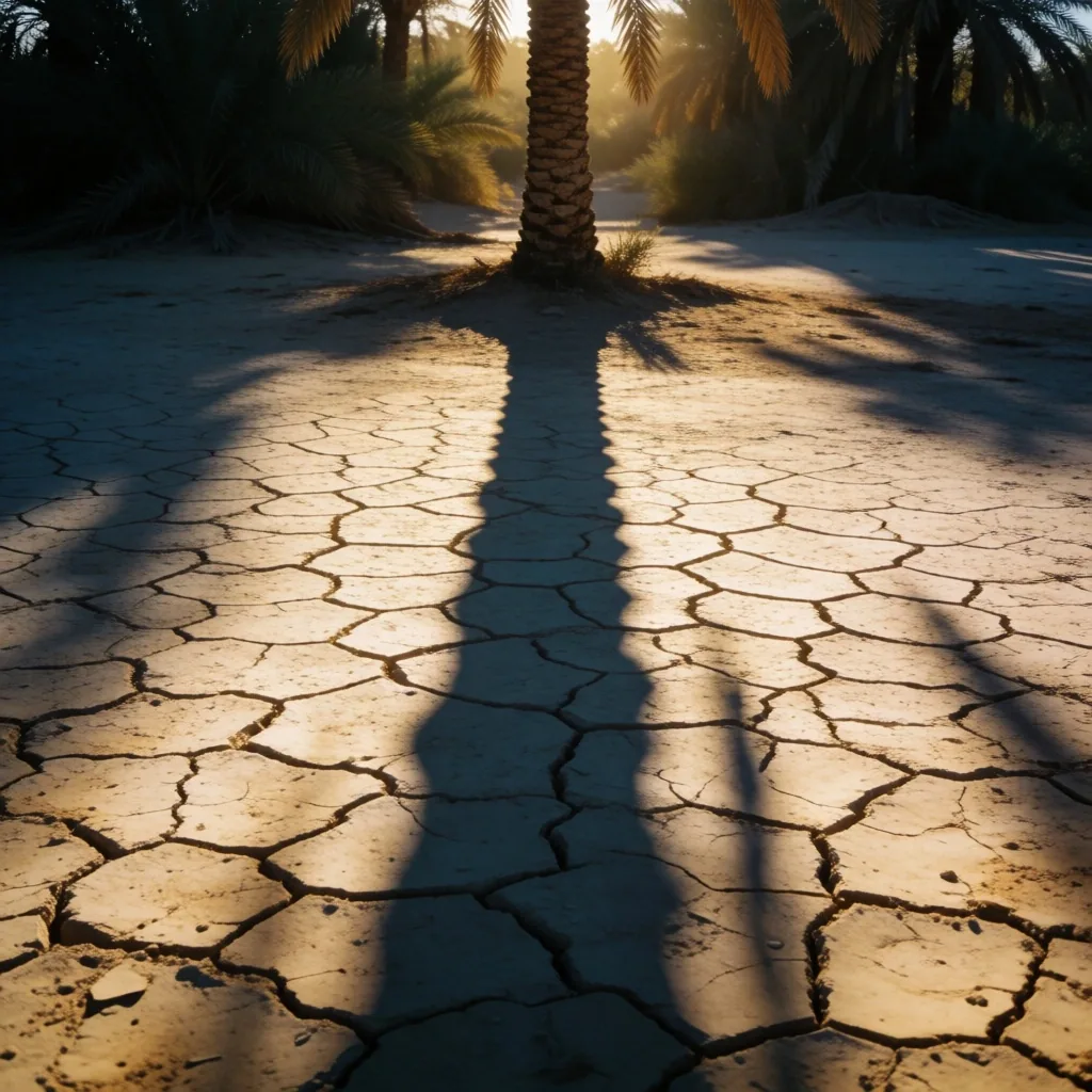 A palm tree casting a long shadow across sun-bleached ground