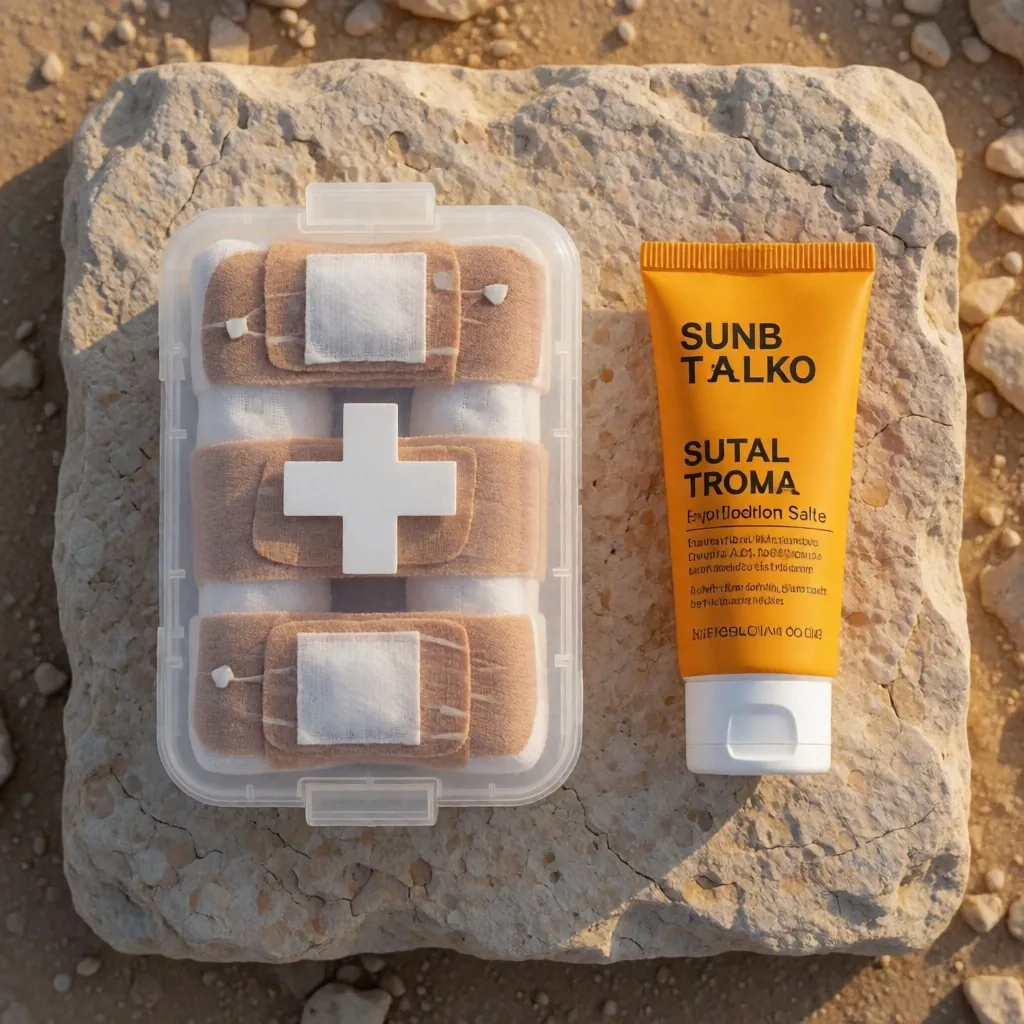 A basic first aid kit with sunblock and bandages on a stone surface