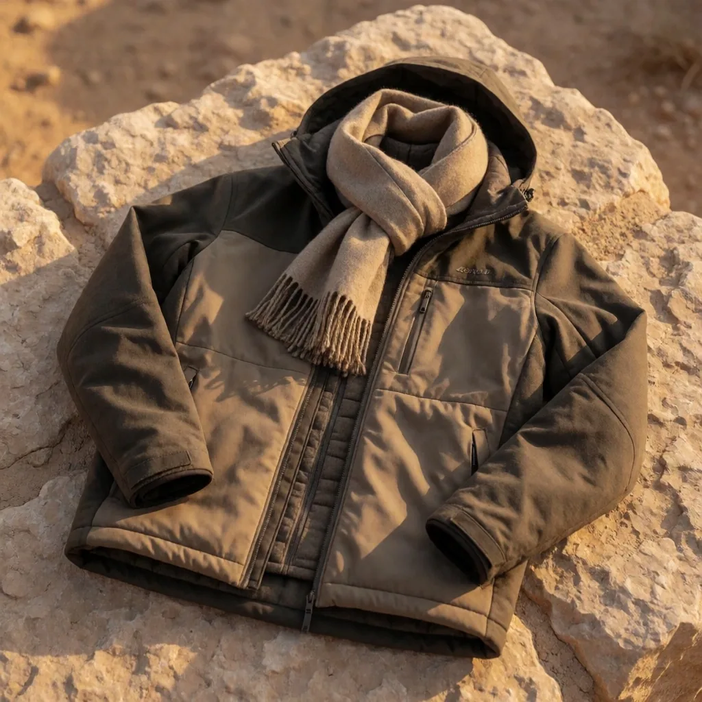 A fleece jacket and windbreaker draped over a chair in evening light
