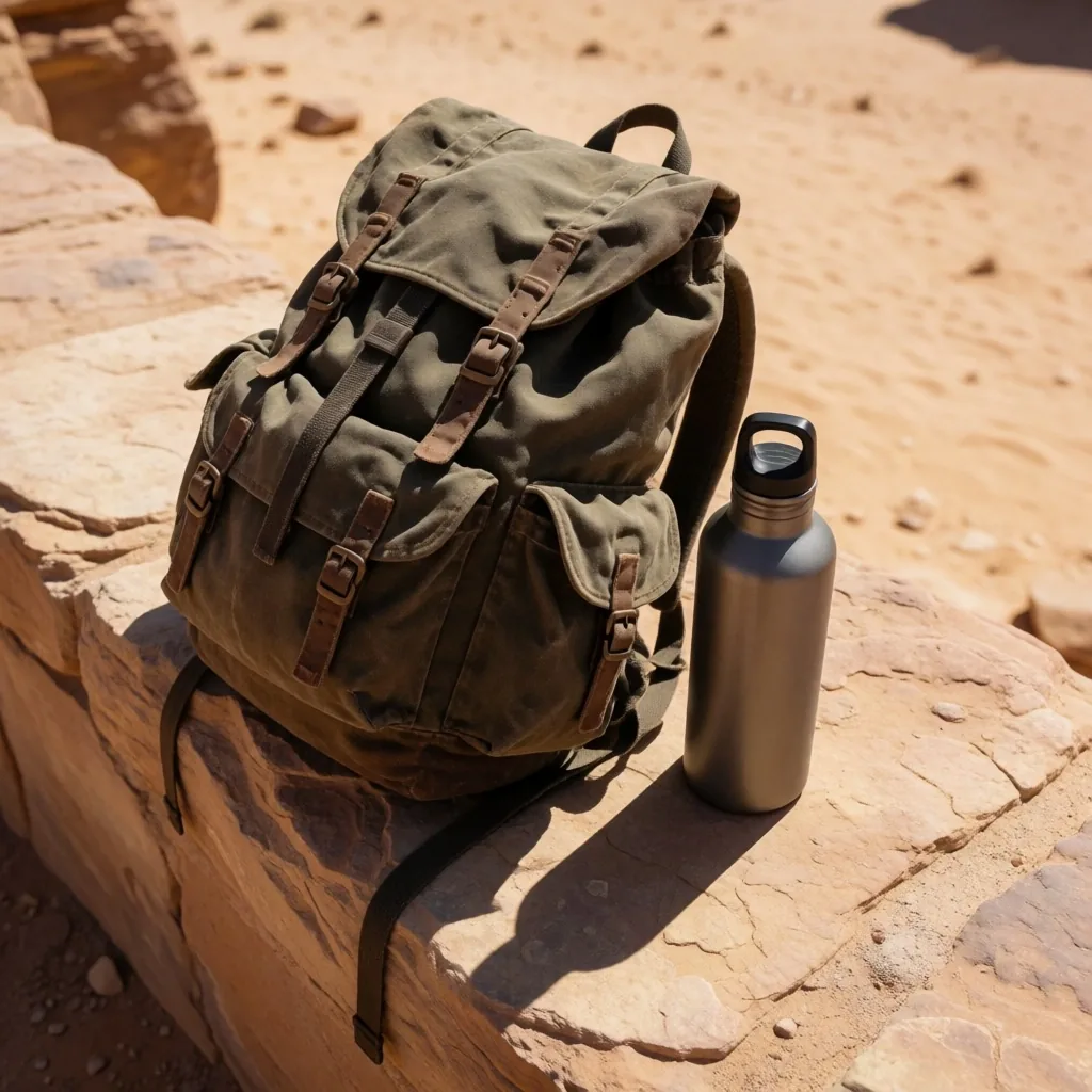 A backpack and water bottle resting on a rock in the desert
