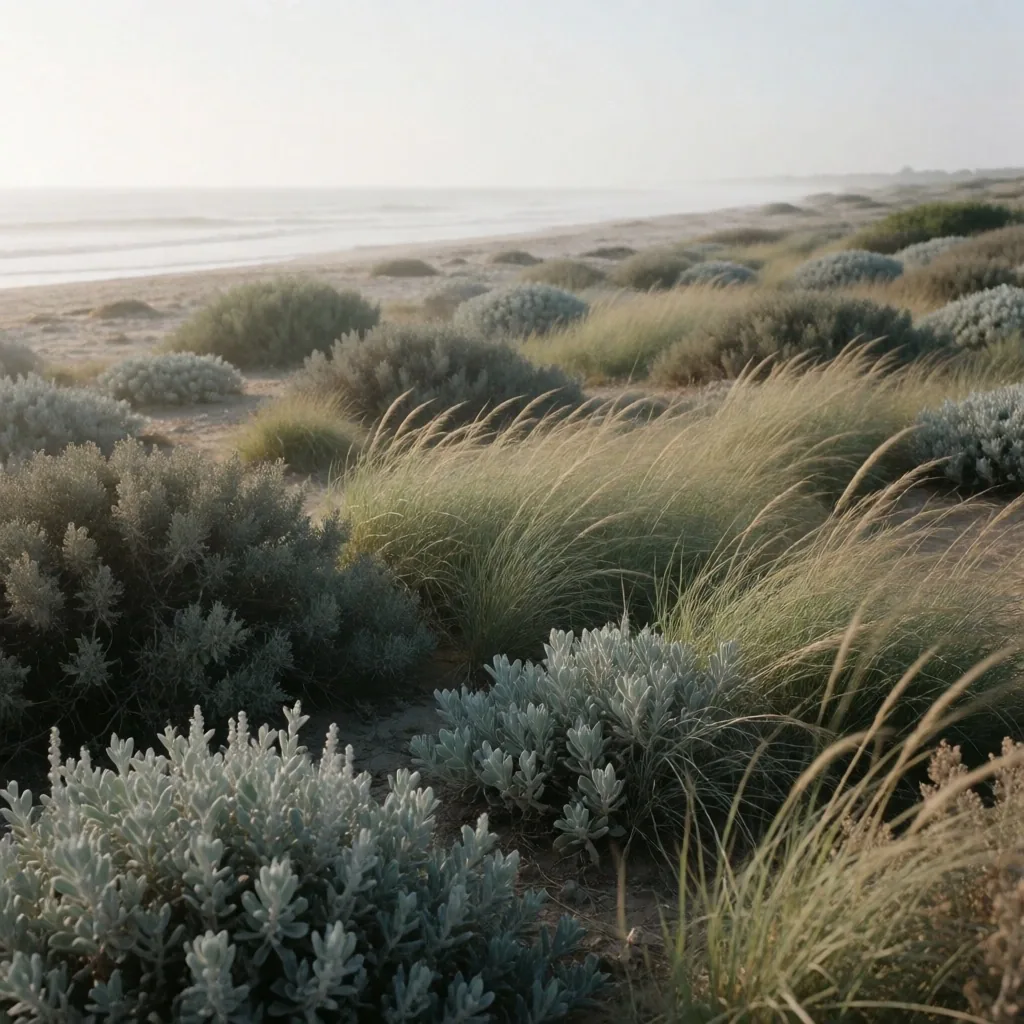 Coastal vegetation and flat shoreline terrain