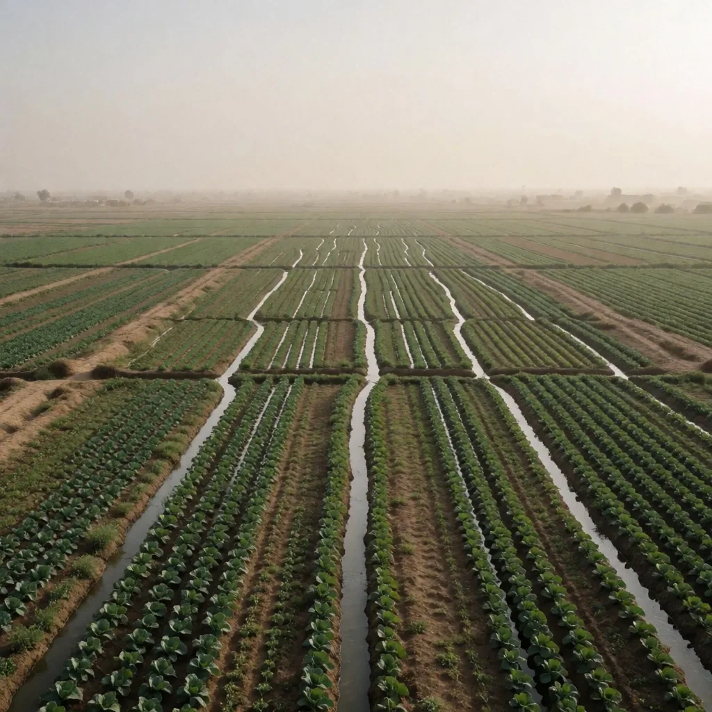 Deltaic fan with branching waterways and agricultural fields