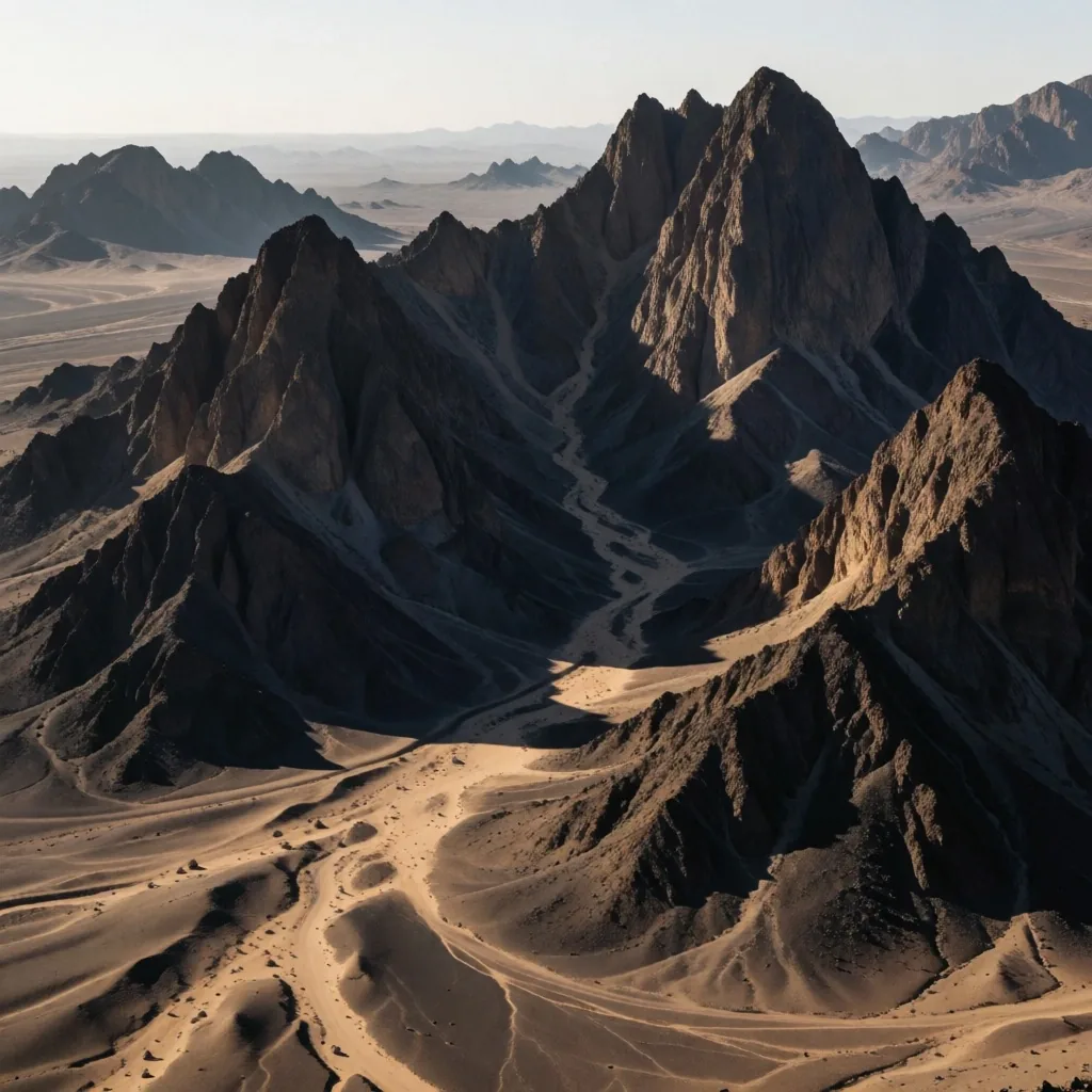 Mountainous eastern ridge terrain with jagged peaks and ravines