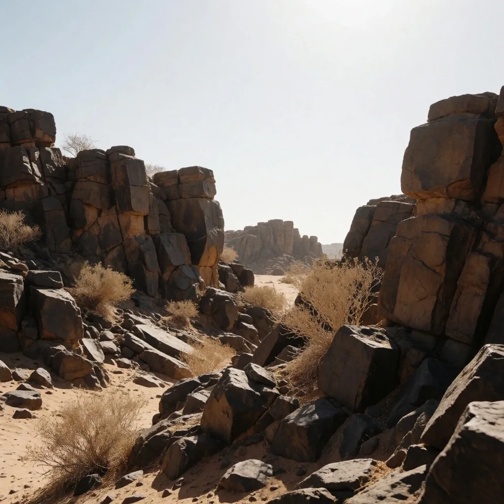 Southern arid highlands with dark granite outcroppings and dry valley