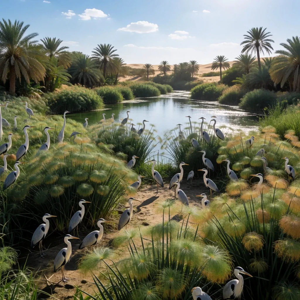 Wetland oasis pocket with green vegetation surrounded by desert