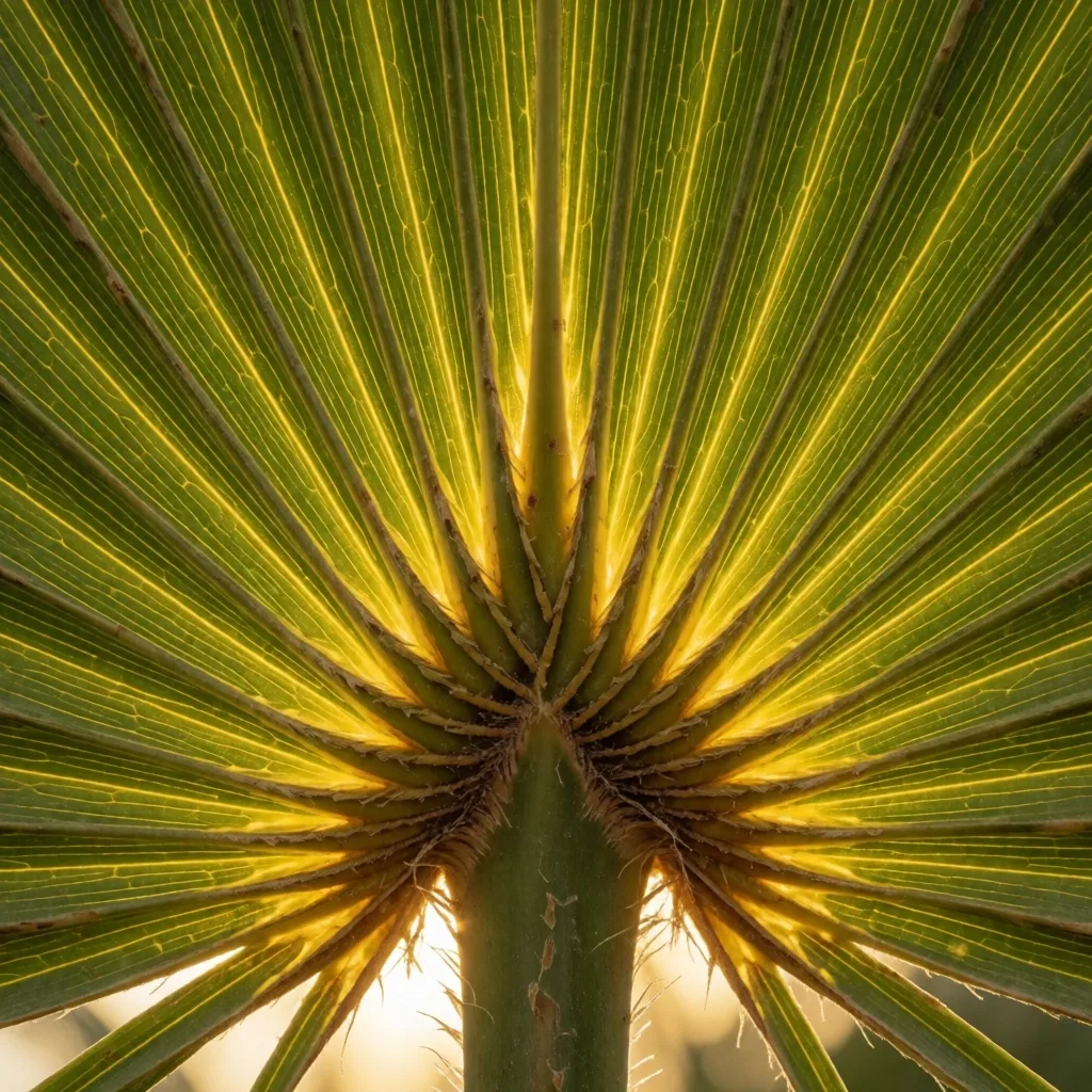 Macro photograph of palm frond with visible veins
