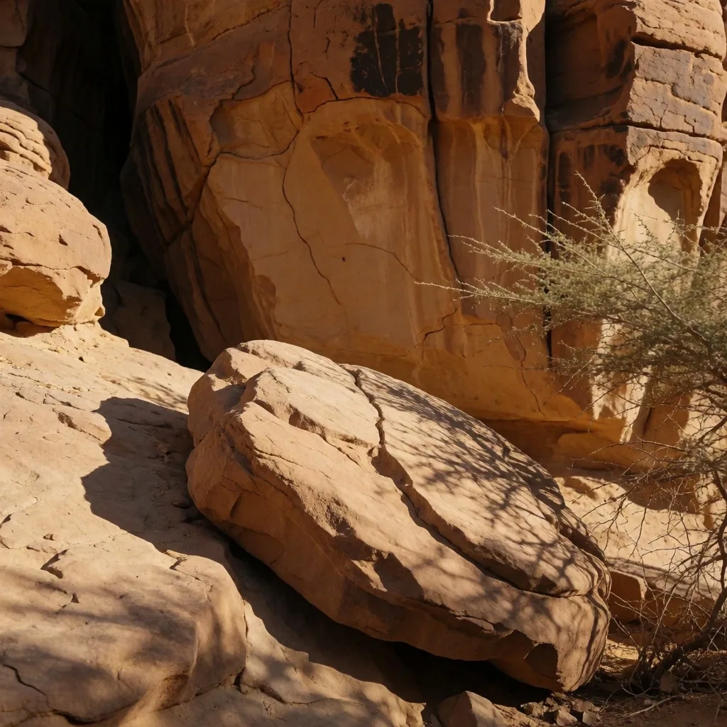 Desert rock and acacia under afternoon sun
