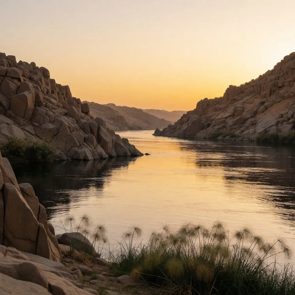 River between rock banks at dawn