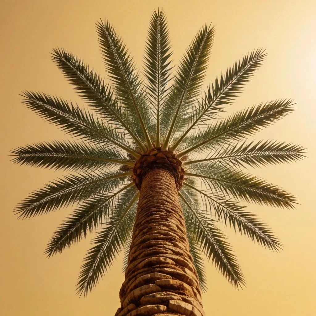 A date palm viewed from below against warm sky
