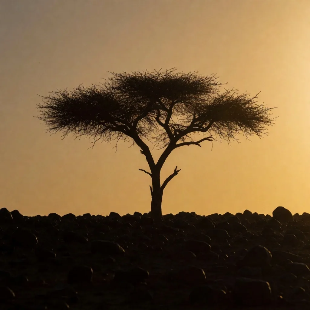 Acacia tree silhouette against warm afternoon sky